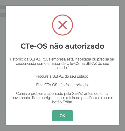 Mensagem da CTE Brasil informando que a empresa precisa ser credenciada para emitir CTe-OS na SEFAZ